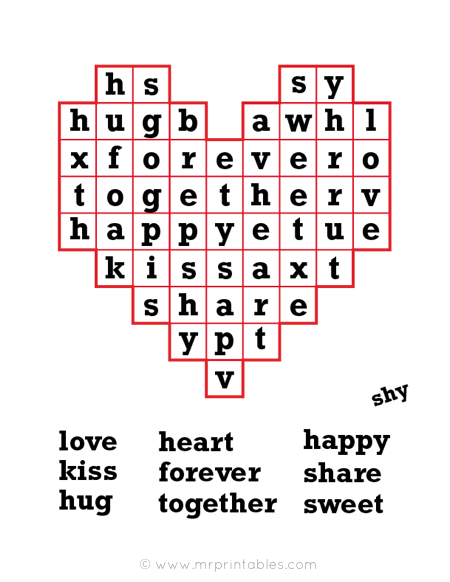 Valentine printable word search